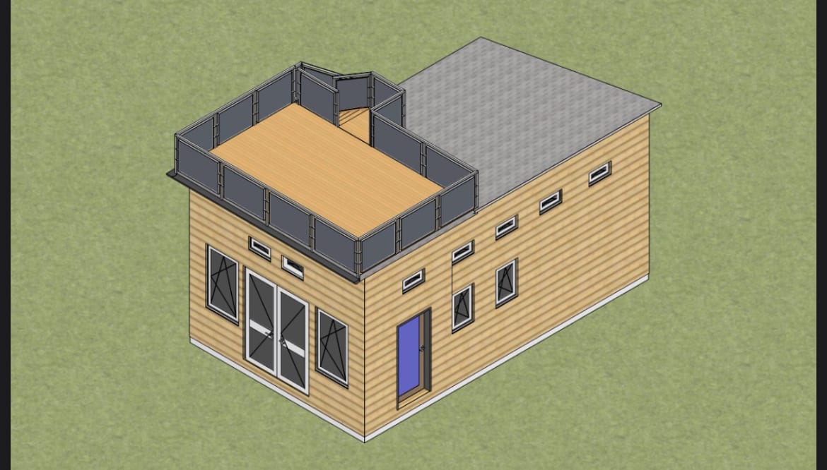 3D model of a two-storey ADU in cedar siding, shown on its lot