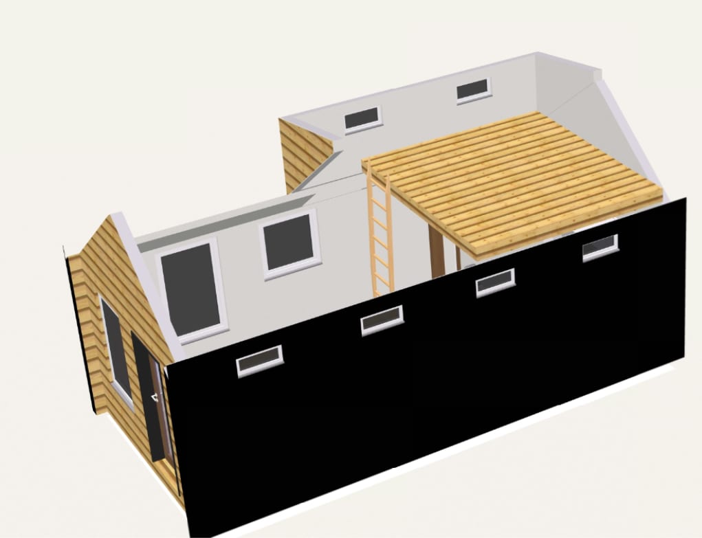 Cutaway 3D model of the same modular home, showing the interior layout and roofline