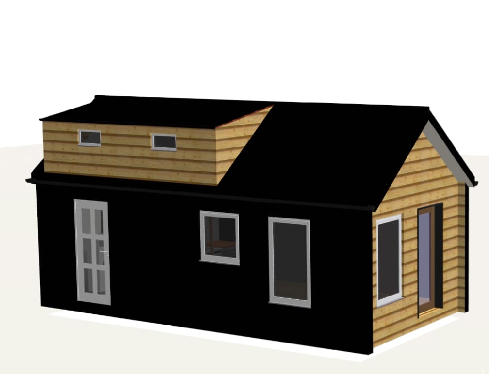3D model of a modular home with black board-and-batten siding, a cedar-clad dormer and white-trimmed windows