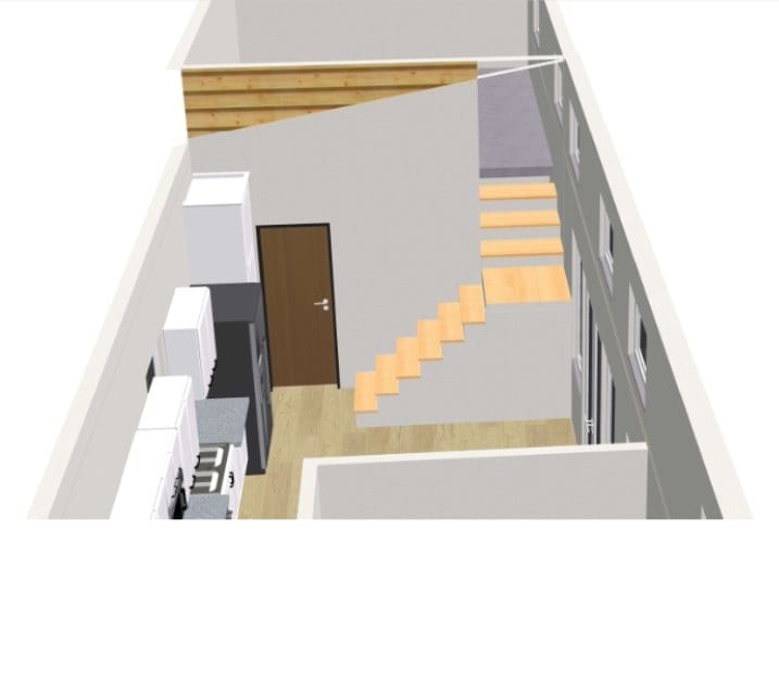 Interior 3D model of a modular home, looking down the hallway past the kitchen to a staircase up to the loft
