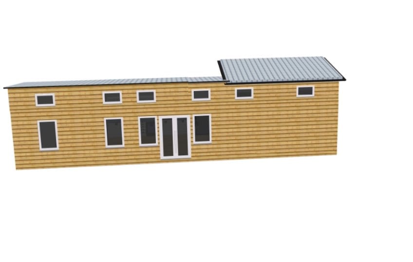 3D model of a long single-storey modular home in cedar siding with a row of windows, French doors and a metal roof