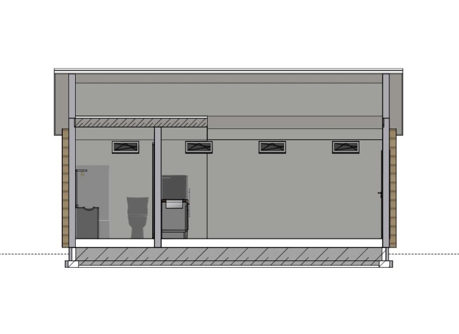Section drawing through a modular unit, showing the bathroom, kitchen and clerestory windows under the roof